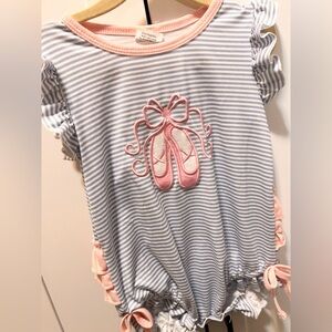 Girls Smocked Striped Baby Bubble Romper with Ballet Shoes Design 2T